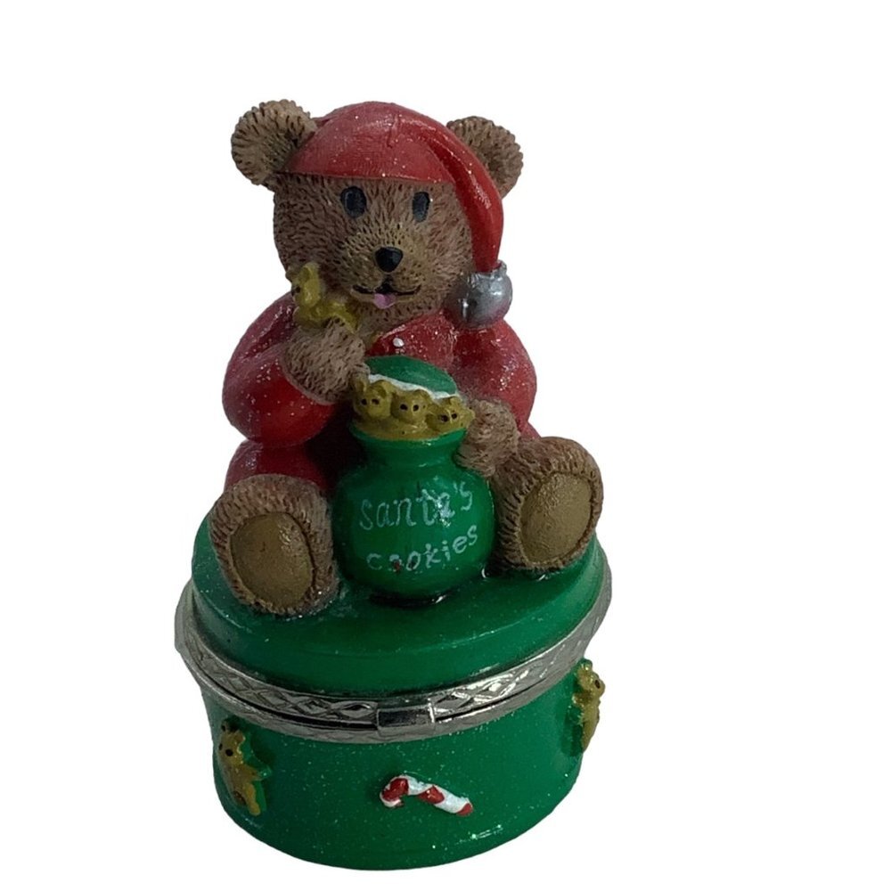 Vtg 1999 Christmas Bear Trinket‎ Box Hinged Happy Holidays 3" Santa's Cookies